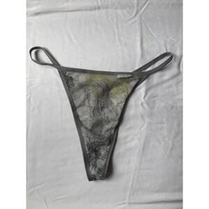 DKNY Size L Gray & Yellow Floral Sheer Mesh G-String Thong Panty NWOT